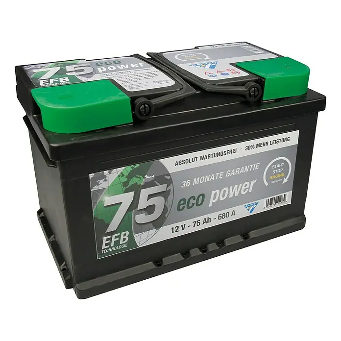 Cartec Autobatterie - 75 Ah, Spannung: 12 V - Eine EFB 75 Eco Power Autobatterie mit 12V, 75Ah und 680A für zuverlässige Leistung und Start-Stopp-Systeme.