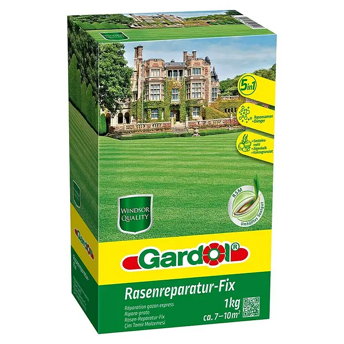 Gardol Windsor Rasen-Reparatur Fix - 1 kg, 10 m² - Rasenreparatur-Fix von Gardol, eine 5-in-1-Lösung für die Rasenreparatur mit Rasensamen, Dünger und mehr für ca. 7-10 m².