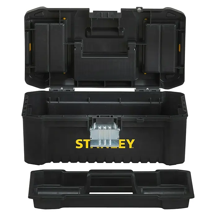 Stanley Werkzeugkasten 16″ - 40,6 x 20,5 x 19,5 cm, Größe: 16″, Kunststoff - Geöffnete schwarze Werkzeugkiste von Stanley mit herausnehmbarem Einsatz, ideal für die Aufbewahrung von Werkzeugen.