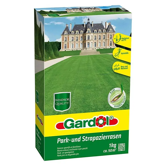 Gardol Windsor Rasensamen Strapazierrasen - 1 kg, 50 m² - Bild einer Packung Gardol Park- und Strapazierrasen, geeignet für ca. 50 m² Fläche.