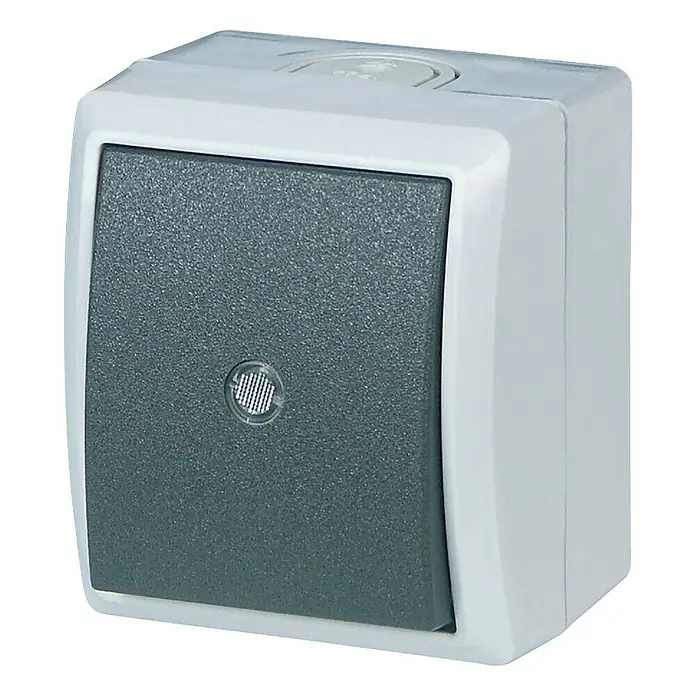 Aqua Form Feuchtraum-Kontrollschalter - Anthrazit, Aufputzmontage, IP44 - Nahaufnahme eines grauen Aufputz-Lichtschalters mit weißem Gehäuse, ideal für Feuchträume und Außenbereiche.