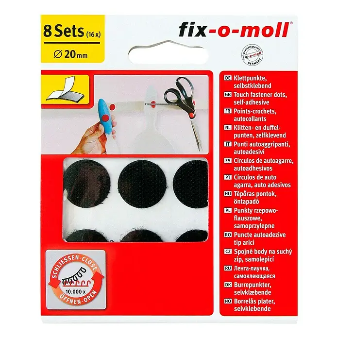 Fix-o-moll Klettpunkt - Durchmesser: 20 mm, Schwarz, Kleben, 8 Stk. - Bild einer Packung fix-o-moll Klettpunkte, selbstklebend, mit 8 Sets (16 Stück) und einem Durchmesser von 20 mm.