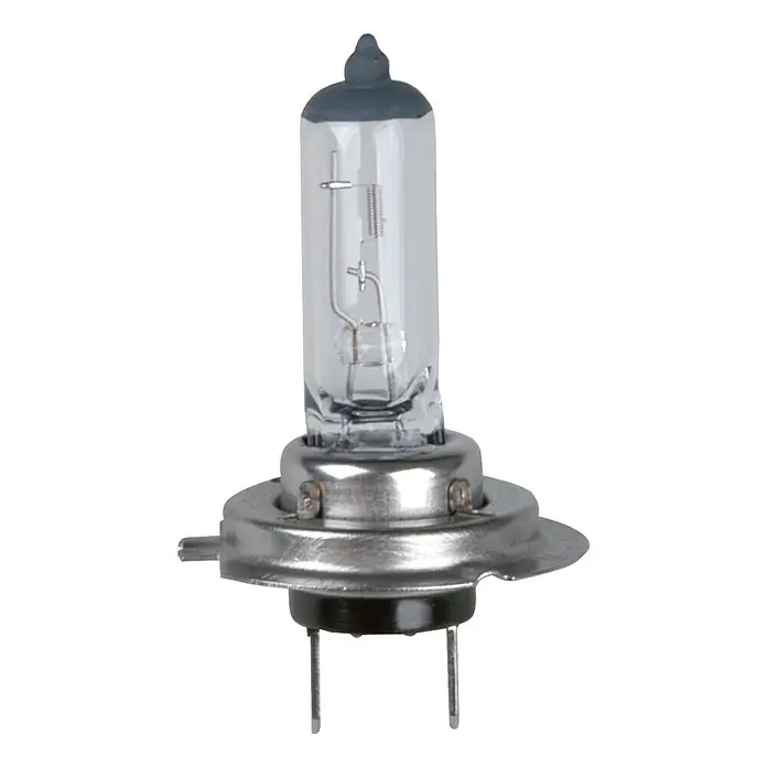 UniTEC Halogen-Scheinwerferlampe - H7, 1 Stk. - Nahaufnahme einer H7 Halogenlampe, geeignet für Autoscheinwerfer, mit klarem Glaskolben und Metallbasis.