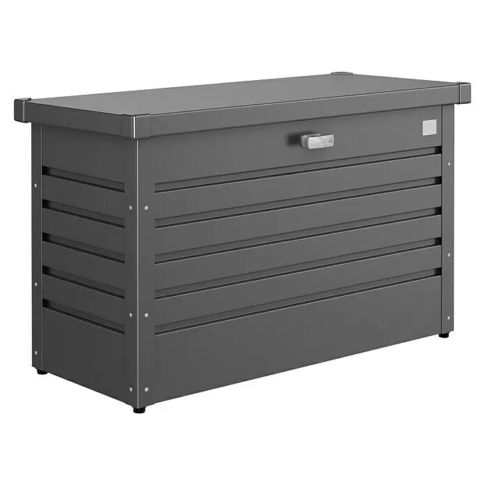 Biohort FreizeitBox Gartenbox 100 - L x B x H: 101 x 46 x 61 cm, Dunkelgrau Metallic, Stahl - Diagonale Ansicht
