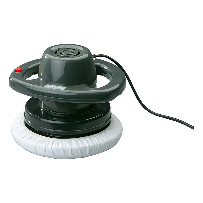 UniTEC Pulidora - 120 W, Diámetro plato de pulir: 250 mm - Primer plano de una pulidora Unitec con cable y un accesorio de pulido blanco.