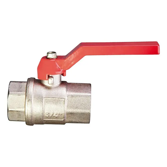Kugelhahn - Messing, 1″ - Ein 3/4" Kugelhahn mit rotem Griff. Ideal für Sanitär- und Heizungsanlagen, um den Durchfluss von Flüssigkeiten oder Gasen zu steuern.