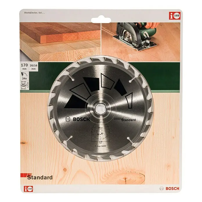 Bosch Kreissägeblatt Standard - 170 mm, Bohrung: 16 mm - 20 mm, Anzahl Zähne: 24 Stk. - Das Bild zeigt eine Bosch Kreissägeblatt Standard 170 mm mit 24 Zähnen, geeignet für Black&Decker und Skil Sägen, verpackt auf einer Pappkarte.
