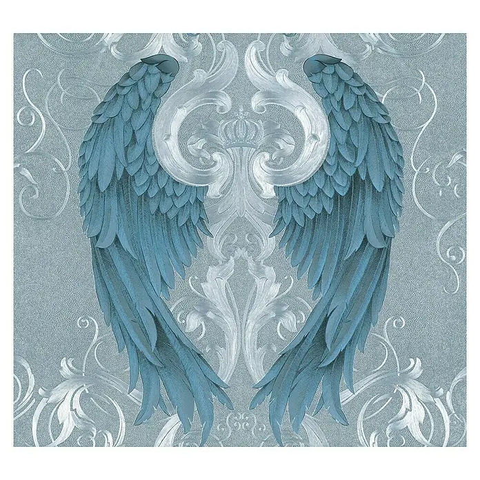 Glööckler Imperial Vliestapete Royal - Silber, Ornament, 10,05 x 0,7 m - Elegante Tapete mit blau schimmernden Engelsflügeln und silberfarbenem, floralem Muster für eine stilvolle Wandgestaltung.