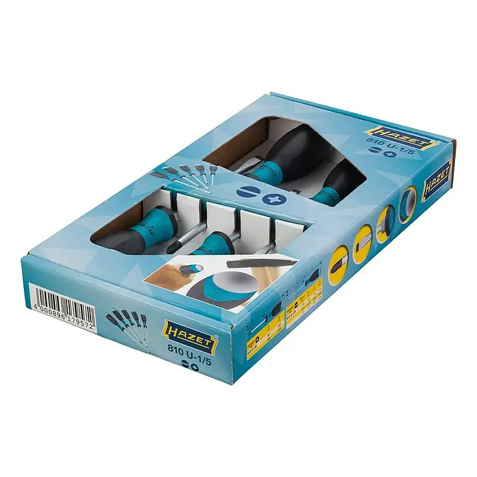 Hazet Schraubendreher-Set 810U-1 - 5 -tlg., Schlagkappe - HAZET Schraubendreher-Satz (810 U-1/5) in blauer Verpackung. Das Set beinhaltet verschiedene Schraubendrehergrößen für vielfältige Anwendungen.