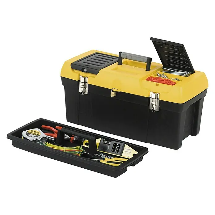 Stanley Caja para herramientas Mega Cantilever - 19'', 48,2 x 25,4 x 25 cm - Caja de herramientas amarilla y negra con herramientas, ideal para aficionados al bricolaje y profesionales, ofrece mucho espacio.