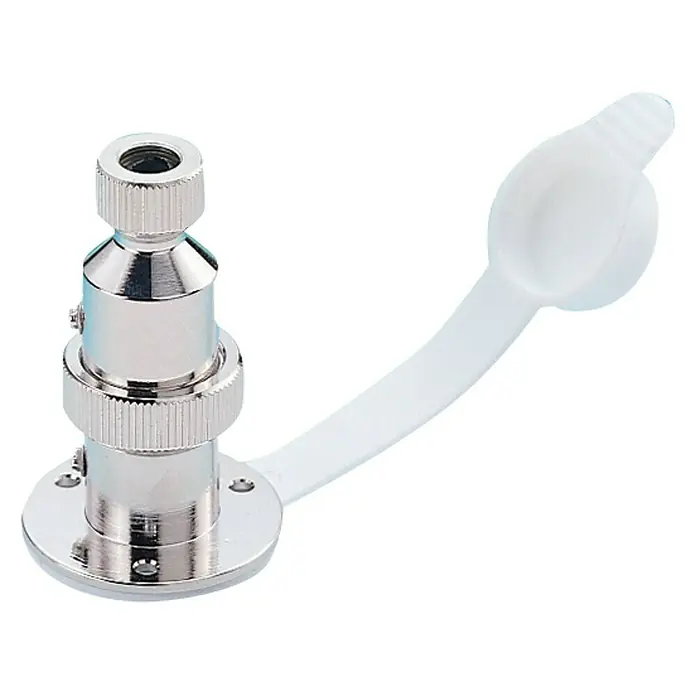Talamex Stecker- & Steckkontakt-Set - Polanzahl: 2 Stk., 3 A, Wasserdicht, Verchromt - Diese Aufnahme zeigt einen robusten Metallstecker mit einer weißen Schutzkappe, ideal für den Einsatz in anspruchsvollen Umgebungen.