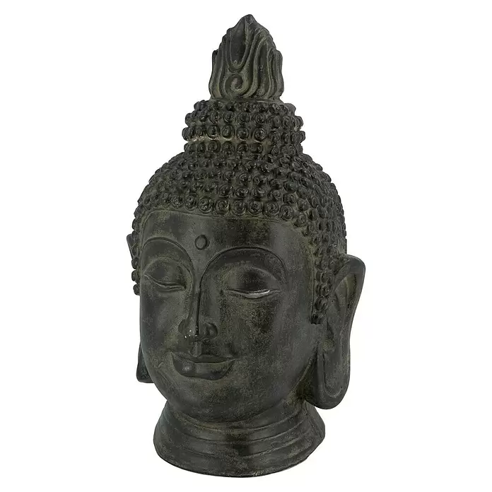 Buddhakopf Padma - 26 x 25 x 42 cm, Schwarz - Dunkelgraue, verwitterte Buddha-Kopf-Statue mit gelassenem Ausdruck und traditionellen lockigen Haar-Details, ideal für spirituelle Dekoration.