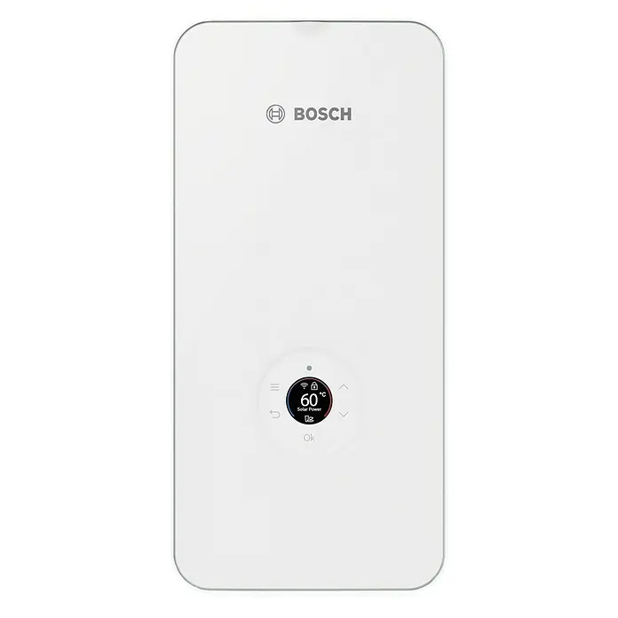 Bosch Durchlauferhitzer Tronic Excellence AquaStop - 15/18/21 kW, Elektronisch - Nahaufnahme eines weißen Bosch Heizgeräts mit einem runden Bedienfeld, das eine Temperatur von 60°C anzeigt.