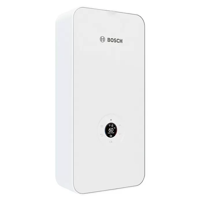 Bosch Calentador Tronic Excellence de Bosch - 15/18/21 kW, Electrónico - Unidad de control Bosch smart home blanca con pantalla digital que muestra 60°C y el estado de energía solar.