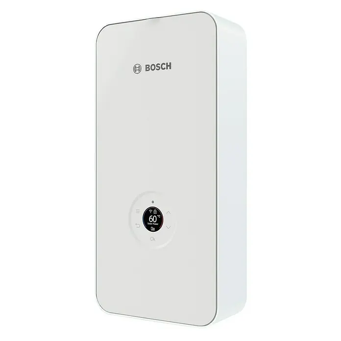 Bosch Durchlauferhitzer Tronic Excellence AquaStop - 15/18/21 kW, Elektronisch - Weißer Bosch-Heizkessel mit digitaler Anzeige des Status von Temperatur und Energie, modern und energieeffizient.