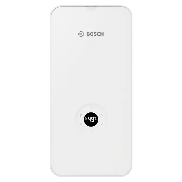 Bosch Durchlauferhitzer Tronic Advanced AquaStop - 21/24/27 kW, Elektronisch - Eine Nahaufnahme eines weißen Bosch Warmwasserbereiters mit digitaler Temperaturanzeige, die 49°C anzeigt.