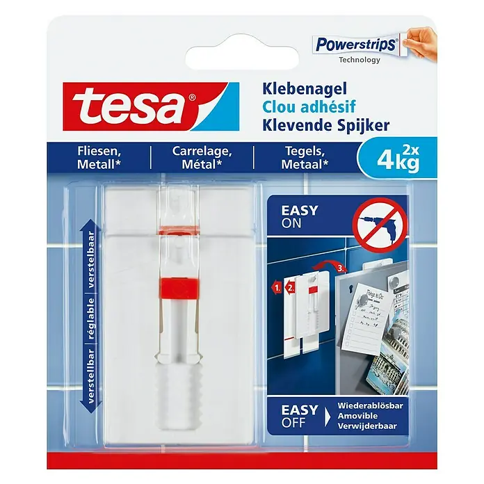 Tesa Verstellbarer Klebenagel - Geeignet für: Fliesen, Belastbarkeit: 4 kg, 2 Stk., Weiß - Tesa Klebenägel für Fliesen und Metall. Die Klebenägel sind verstellbar und tragen bis zu 4 kg. Ideal für die einfache Befestigung ohne Bohren.