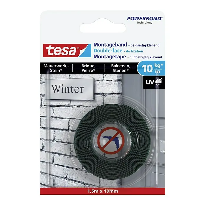 Tesa Montageband - Geeignet für: Mauerwerk, Belastbarkeit pro m: 10 kg, 1,5 m x 19 mm - Bild einer Tesa Powerbond Montageband-Rolle "Winter", doppelseitig klebend, für Mauerwerk, Stein, Backstein und Steine.
