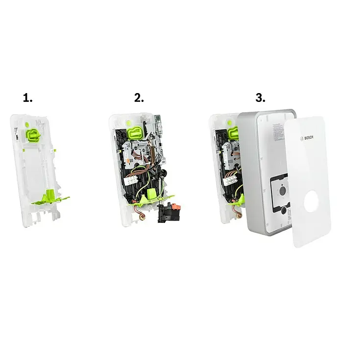 Bosch Durchlauferhitzer Tronic Advanced AquaStop - 15/18/21 kW, Elektronisch - Abbildung einer Bosch-Wallbox in Einzelteilen, die die interne Konstruktion und die Komponenten des Produkts hervorhebt.