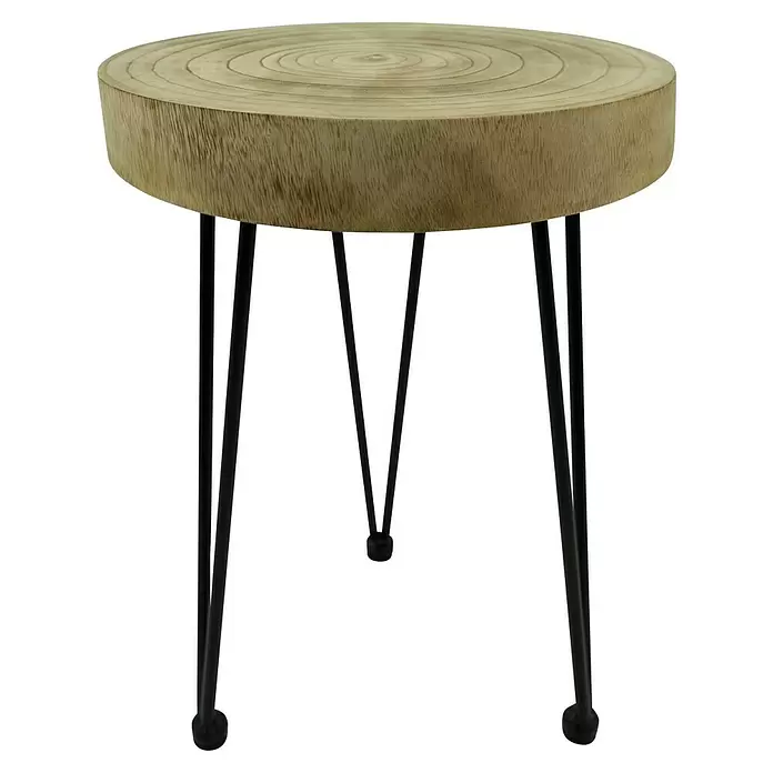 Beistelltisch Aris - Ø x H: 34 x 56 cm, Holz - Kleiner runder Beistelltisch mit heller Holzscheibenplatte und schwarzen Metall-Haarnadelbeinen.