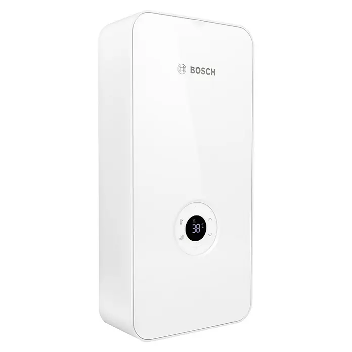 Bosch Durchlauferhitzer Tronic Advanced AquaStop - 21/24/27 kW, Elektronisch - Abbildung eines weißen Bosch-Heizkessels mit digitaler Temperaturanzeige, der modernes Design und Funktionalität vereint.