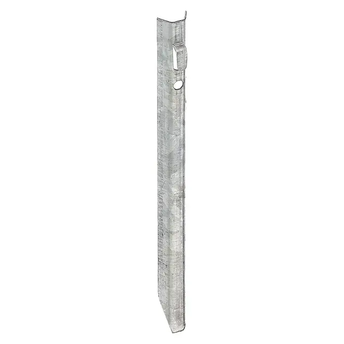 Alberts Erdanker - Stahl, Länge: 250 mm - Das Bild zeigt einen einzelnen, verzinkten Erdanker mit einer Lochung und einer gebogenen Spitze. Der Erdanker ist ideal für Befestigungen im Außenbereich.