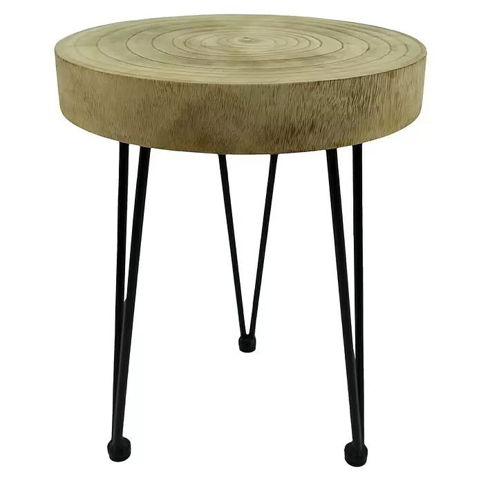 Beistelltisch Aris - Ø x H: 34 x 46 cm, Holz - Runder Beistelltisch aus Holz mit natürlicher Baumstammscheibe und drei schwarzen Haarnadelbeinen aus Metall.