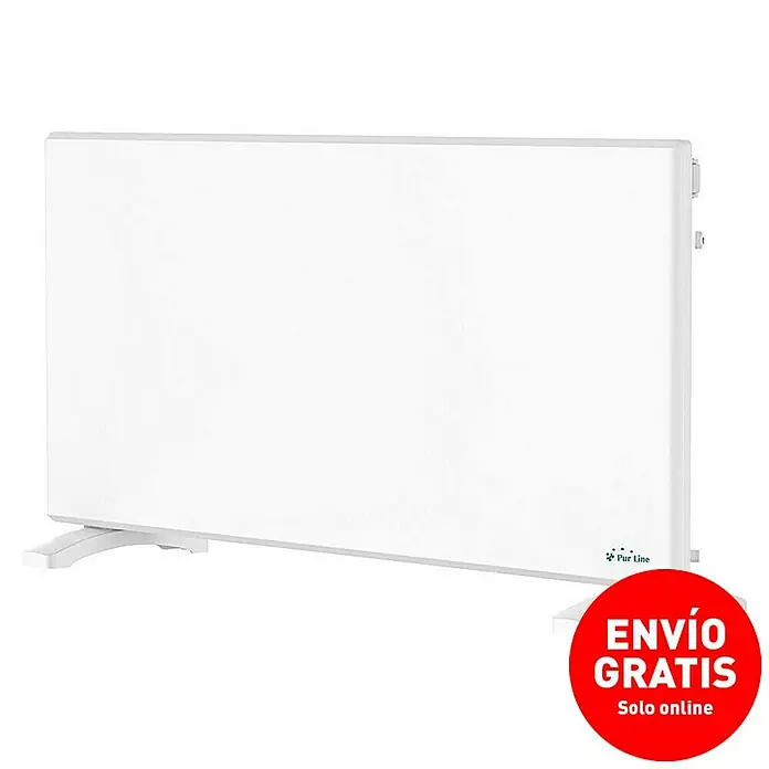 Purline Emisor térmico digital Panel S2000 - 2.000 W, Blanco, 8 x 86 x 40 cm - Un calefactor convector Pur Line blanco con pies redondeados, mostrado sobre una superficie blanca. El aparato tiene un diseño minimalista.