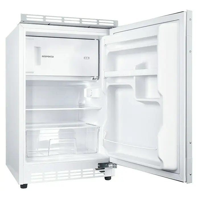 Respekta Miniküche Levin - Breite: 130 cm, Weiß, Mit Platten-Kochfeld - Offener weißer Kühlschrank der Marke Respekta mit Gefrierfach, Regalen und Gemüsefach für die optimale Lagerung von Lebensmitteln.