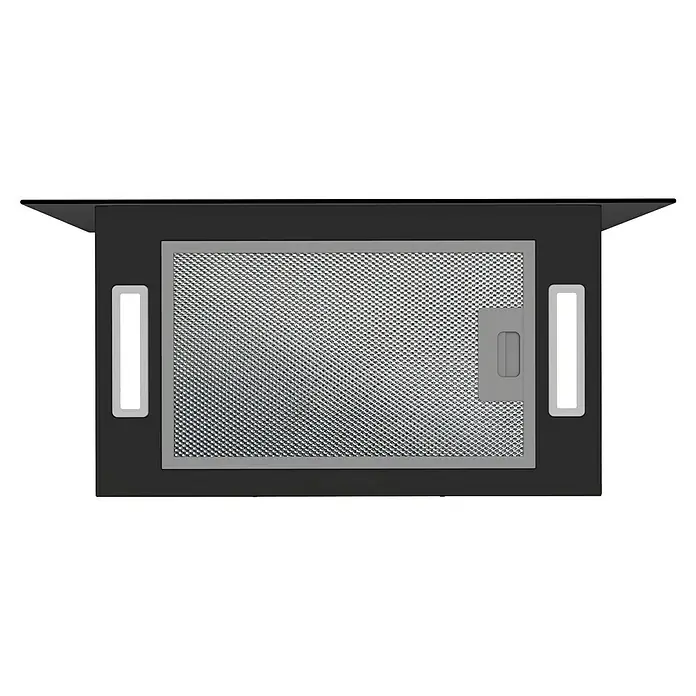 Respekta Schräghaube Lio - Breite: 59,5 cm, Max. Gebläseleistung Abluftbetrieb: 325,8 m³/h, Schwarz - Nahaufnahme einer Dunstabzugshaube mit einem Metallfilter zur Luftreinigung in der Küche und schwarzen Elementen.