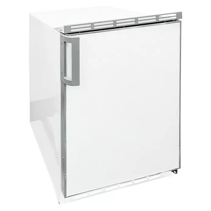 Respekta Kühl-Gefrierkombination UKS110-11 - Nutzinhalt Gesamt: 82 l, 55 x 49,5 x 81,5 cm, Weiß - Kompakter weißer Kühlschrank mit grauem Griff und oberem Gitter.