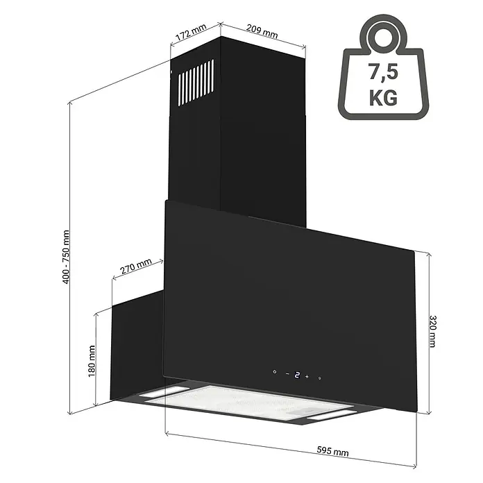 Respekta Schräghaube Lio - Breite: 59,5 cm, Max. Gebläseleistung Abluftbetrieb: 325,8 m³/h, Schwarz - Abbildung einer schwarzen Dunstabzugshaube mit Maßangaben und Gewichtsangabe (7,5 kg). Die Abzugshaube ist detailliert mit allen relevanten Maßen dargestellt.