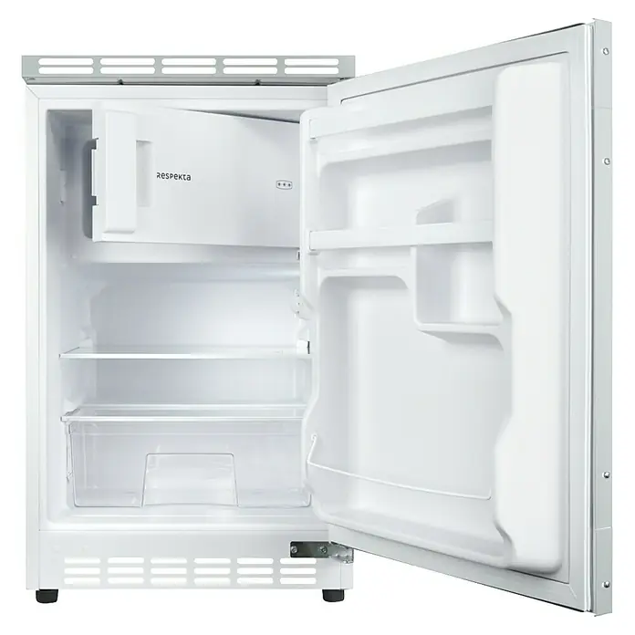 Respekta Miniküche Ingrid - Breite: 150 cm, Grau, Mit Bartisch, Mit Kochfeld + Kühlschrank + Mikrowelle - Innenansicht eines geöffneten weißen Respekta Kühlschranks, der seine Fächer und Ablagen zeigt.