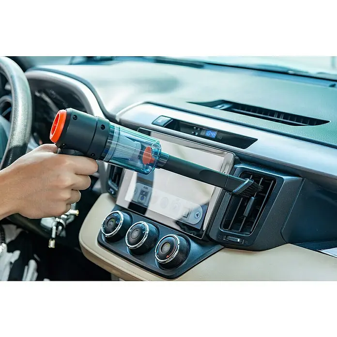 Aspirador de batería VAC02 - 1 batería, 1.200 mAh, Volumen de recipiente: 25 l - Aspiradora de mano limpiando las rejillas de ventilación del coche. Aspiradora compacta con accesorio de cepillo para detallar el coche. Limpieza práctica.