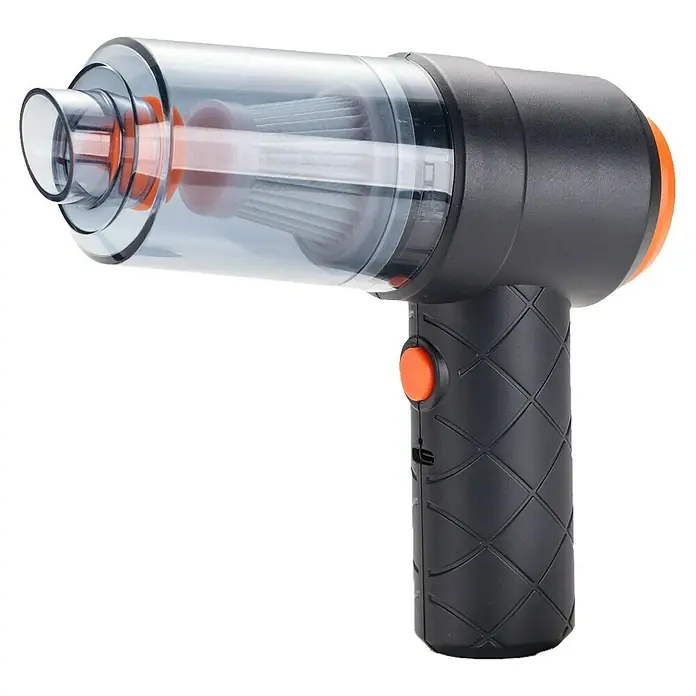 Aspirador de batería VAC02 - 1 batería, 1.200 mAh, Volumen de recipiente: 25 l - Primer plano de una aspiradora de mano inalámbrica negra y naranja con un depósito de polvo transparente.
