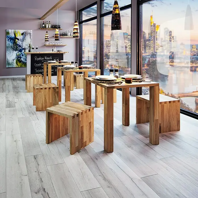 Exclusivholz Aspen Hocker - Eiche, 41,8 x 43 x 43 cm - Holzmöbel-Set für Restaurants mit Tischen und Hockern. Modernes Design und warmes Ambiente für stilvolle Gastronomie.