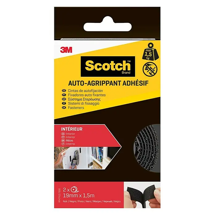 3M Scotch Cinta engomada Interior - 19 x 76 mm, Negro - Fijaciones autoagarre Scotch de 3M para montar objetos de hasta 1,5 kg en interiores. Prácticas y versátiles.