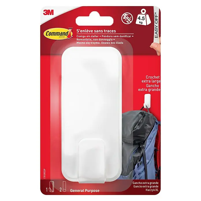 3M Command Gancho para colgar XL - Plástico, Blanco, 1 ud. - Paquete de un colgador de pared Command que se quita sin dejar rastro y soporta hasta 4,5 kg - ideal para el hogar.