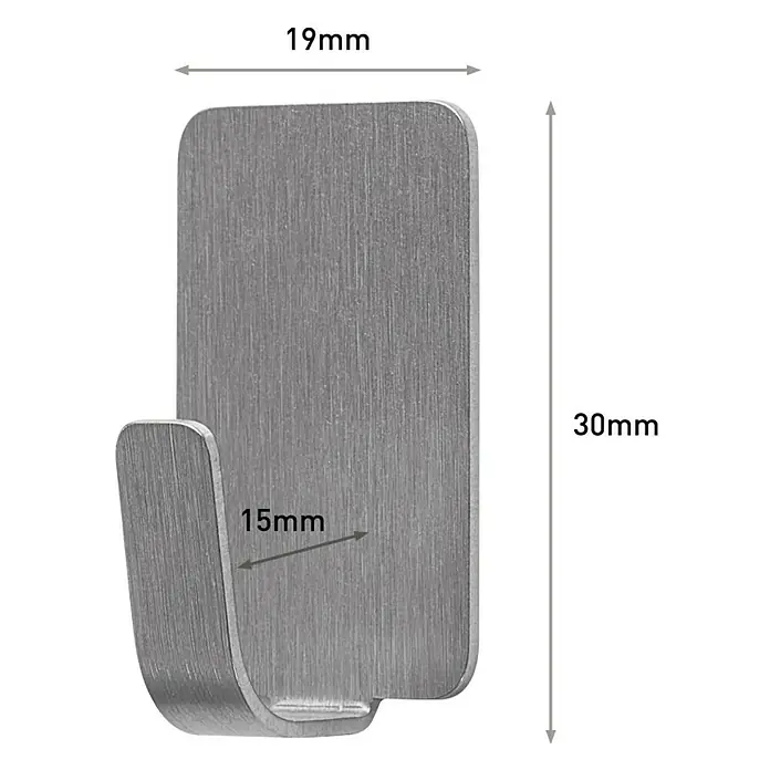 3M Command Gancho para colgar - Acero inoxidable, 4 ud. - Primer plano de un gancho de pared autoadhesivo de acero inoxidable con indicaciones de tamaño.
