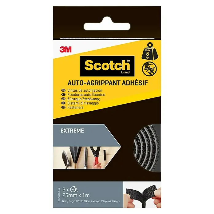 3M Scotch Cinta engomada Extreme - 25 mm x 1 m, Negro - Cintas de velcro Scotch Extreme de 3M, 25mm x 1m, para una sujeción fuerte de hasta 5kg. Ideal para herramientas y más.