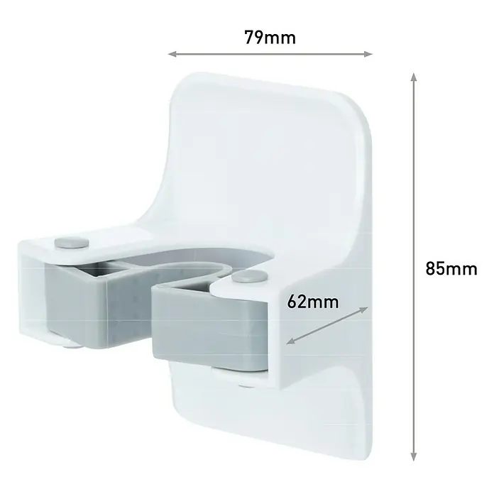 3M Command Gancho para colgar - Plástico, Específico para: Escobas y fregonas - Imagen del producto: Un soporte de pared blanco con sujetadores grises para herramientas o artículos de limpieza, con dimensiones indicadas.