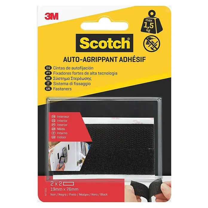 3M Scotch Cinta engomada Interior - 19 mm x 1,5 m, Negro - Cierre de gancho y bucle para interiores 3M Scotch, autoadhesivo, 19 mm x 76 mm, soporta hasta 1,5 kg.