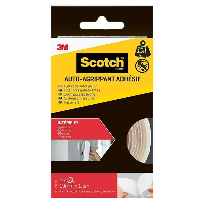 3M Scotch Cinta engomada Interior - 19 x 76 mm, Blanco - Cinta adhesiva Auto-Grippant Adhésif 3M Scotch para interiores, 19mm x 1,5m, carga máx 1,5kg. Ideal para fijaciones sin taladrar ni herramientas.