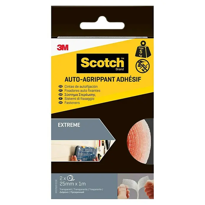3M Scotch Cinta engomada Extreme - 25 mm x 1 m, Blanco - Cinta autoadhesiva Scotch Extreme, transparente, 2 rollos de 25mm x 1m, soporta hasta 5kg. Fijaciones versátiles y fáciles de aplicar.