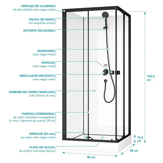 Aurlane Cabina de ducha completa Essential Square - 80 x 80 x 192,5 cm, Negro - Imagen de una cabina de ducha con perfiles de aluminio, puertas correderas transparentes y una ducha de mano con boquillas antical. El plato de ducha es de acrílico reforzado.
