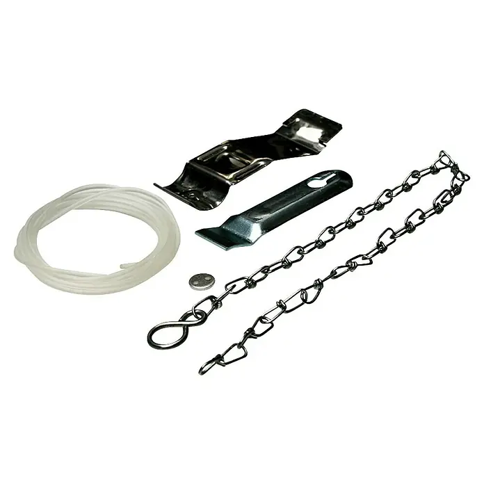 Fuchs Design Glasbaustein-Lüftungsflügel - 19 x 19 cm, Stahl - Produktfoto von einer Spülkastenreparatur Garnitur bestehend aus Kette, Dichtung, Befestigungsblechen und Knopf.