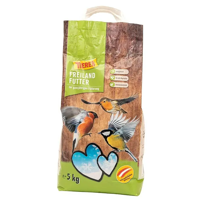 Tierell Wildvogelfutter - 5 kg - Produktbild: Eine Packung Tierell Freilandfutter, ein nahrhaftes Futter für Wildvögel, das das ganze Jahr über verwendet werden kann.