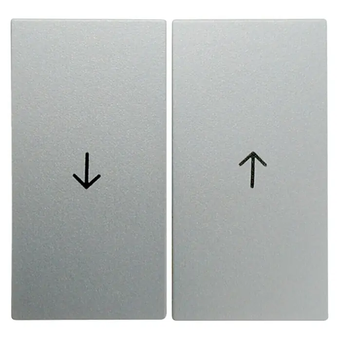 Berker S.1 Jalousiewippe 16251404 - Aluminium, Kunststoff, IP20 - Zwei silberne Schalter mit schwarzen Pfeilen. Der eine Pfeil zeigt nach unten, der andere nach oben, für Auf- und Ab-Funktionen.