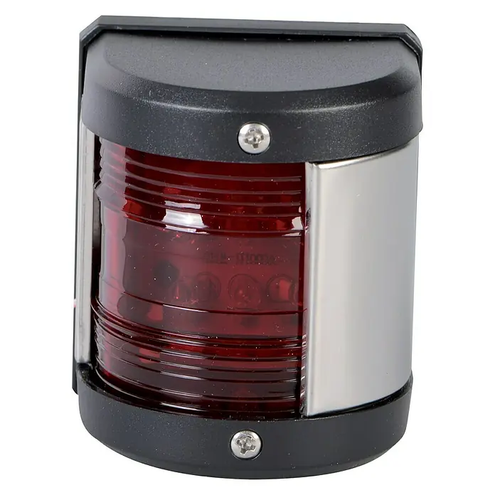 Talamex LED-Backbordlaterne - 55,5 x 64,4 x 75 mm, 12 V, 0,54 W, Schwarz, Lichtfarbe: Rot - Eine rote Backbord-Navigationsleuchte, geeignet für Boote und Schiffe, mit schwarzem Gehäuse und Edelstahl-Schutz.