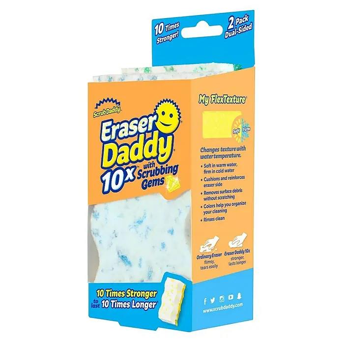 Scrub Daddy Radierschwamm Eraser Daddy - 2 Stk., Geeignet für: Alle Oberflächen - Produktbild eines 2er-Packs doppelseitiger "Eraser Daddy 10x" Schwämme. Diese langlebigen Schwämme sind 10x stärker und haben eine spezielle Textur.